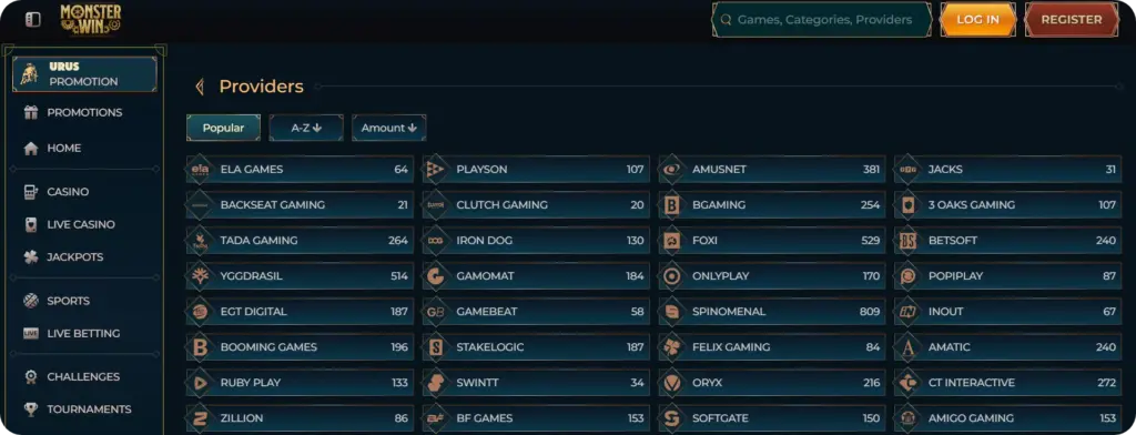 MonsterWin Casino software providers list