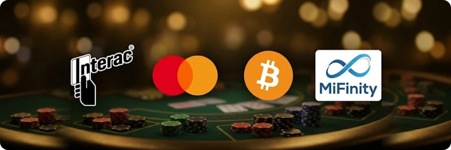Deposit methods available to Canadian players at MonsterWin: Interac, Mastercard, Bitcoin and MiFinity