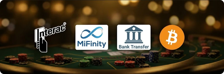 Withdrawal methods for Canadian players at MonsterWin: Interac, MiFinity, bank transfer and Bitcoin